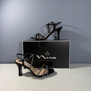 Nina New York Women Black Satin Rhinestone Strappy Heeled Sandals Size 6